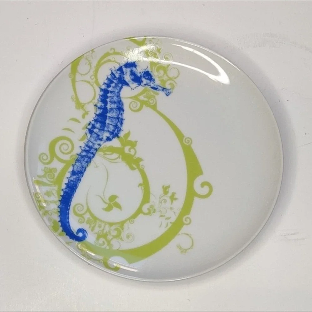 M Studios Seahorse Salad Plates Set Blue Lime‎ Green Coastal Nautical Magenta
